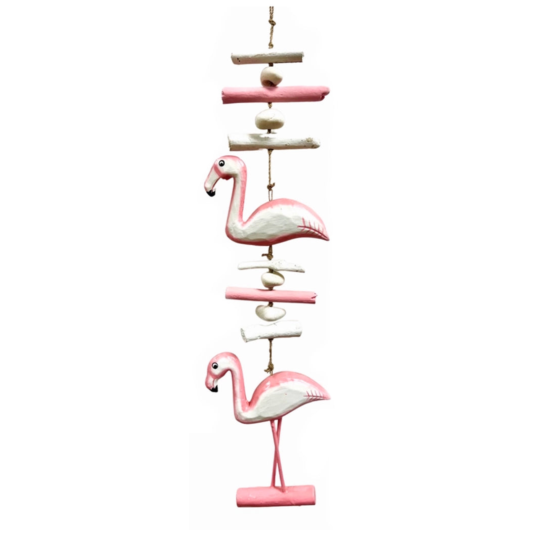 Pink Flamingo and Driftwood Strand with stone accents and hanging from a seagrass rope