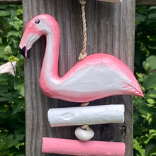 Load image into Gallery viewer, Pink Flamingo and Driftwood Strand with stone accents and hanging from a seagrass rope

