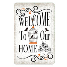 Load image into Gallery viewer, Halloween Welcome Sign - Rustic Metal Sign with Skull Art - by Dyenamic Art Inc
