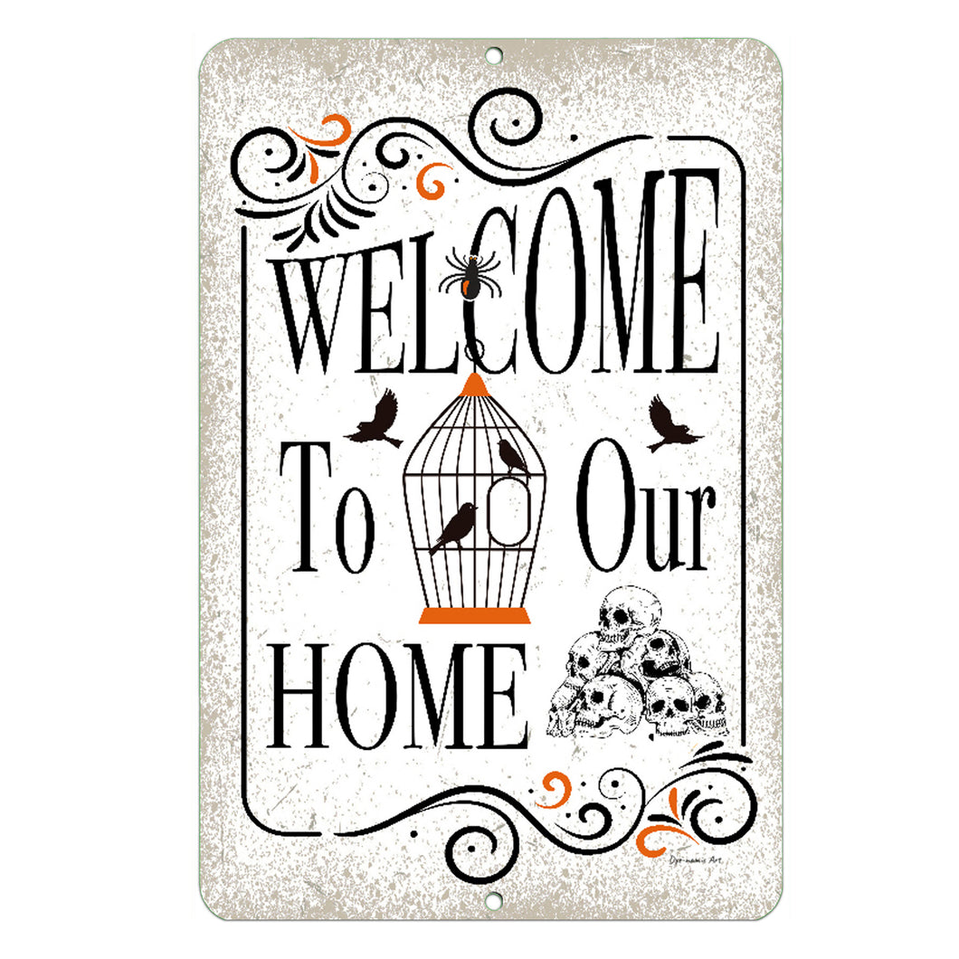 Halloween Welcome Sign - Rustic Metal Sign with Skull Art - by Dyenamic Art Inc