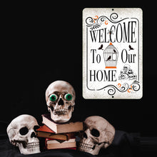 Load image into Gallery viewer, Halloween Welcome Sign - Rustic Metal Sign with Skull Art - by Dyenamic Art Inc
