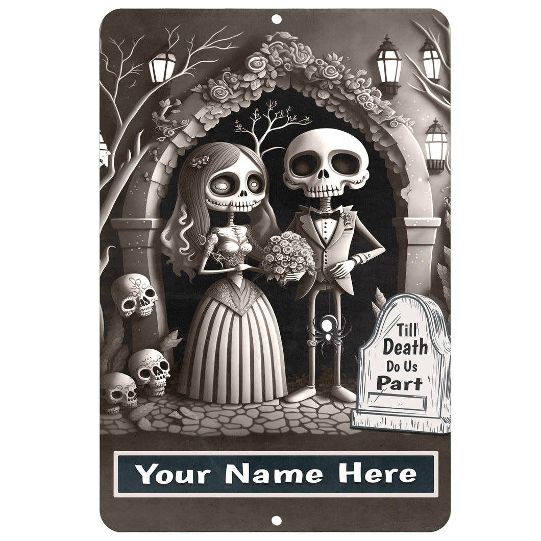 Personalized Till Death Do Us Part - Halloween Wedding Custom Sign - skelton bride and groom on black, gray, and white background designed by Dyenamic Art