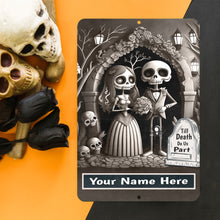 Load image into Gallery viewer, Personalized Till Death Do Us Part - Halloween Wedding Custom Sign - skelton bride and groom on black, gray, and white background designed by Dyenamic Art
