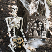Load image into Gallery viewer, Personalized Till Death Do Us Part - Halloween Wedding Custom Sign - skelton bride and groom on black, gray, and white background designed by Dyenamic Art
