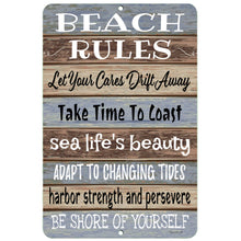 Load image into Gallery viewer, beach-rules-metal-sign-coastal-inspirational-quote-for-beach-lover-dyenamic-art
