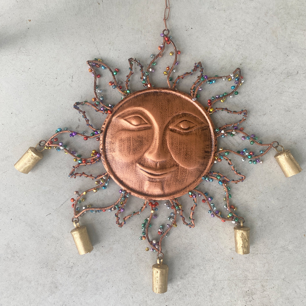 Happy Sun Wind Chime with Bells and Beads - Festive Copper Hanging Decor - Dyenamic Art