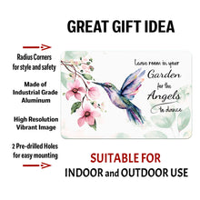 Load image into Gallery viewer, Hummingbird Metal Sign with text overlay detailing material, print quality, mounting ease, and durability.