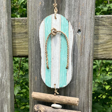 Load image into Gallery viewer, aqua flip flop strand with driftwood and stone accents hanging from a seagrass rope-
