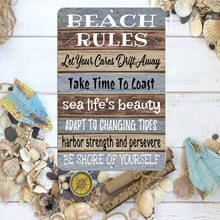 Load image into Gallery viewer, Dyenamic Art - Beach Rules Metal Sign – Coastal Inspirational Quote for Beach Lover
