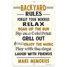 Load image into Gallery viewer, Dyenamic Art - Backyard Rules Metal Sign - Play with Dogs - Sayings for Backyard Fun
