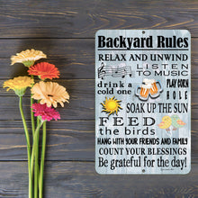 Load image into Gallery viewer, Dyenamic Art - Backyard Rules Metal Sign - Relaxing Outdoor Sayings for Family Living on wood background
