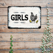 Load image into Gallery viewer, Dyenamic Art - Girls Bathroom Sign - Farmhouse Metal Hen Restroom Decor
