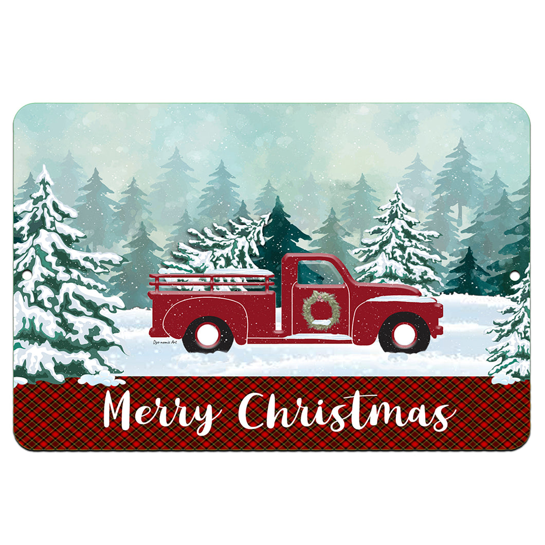 Dyenamic Art - Merry Christmas Metal Sign - Red Pickup Truck Winter Farmhouse Decor