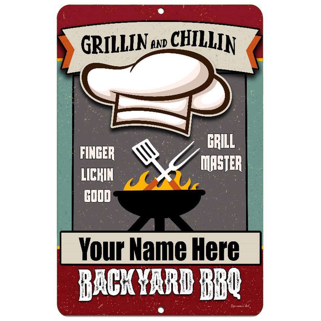 Dyenamic Art - Personalized Grilling Chilling Backyard Barbeque - BBQ Metal Sign