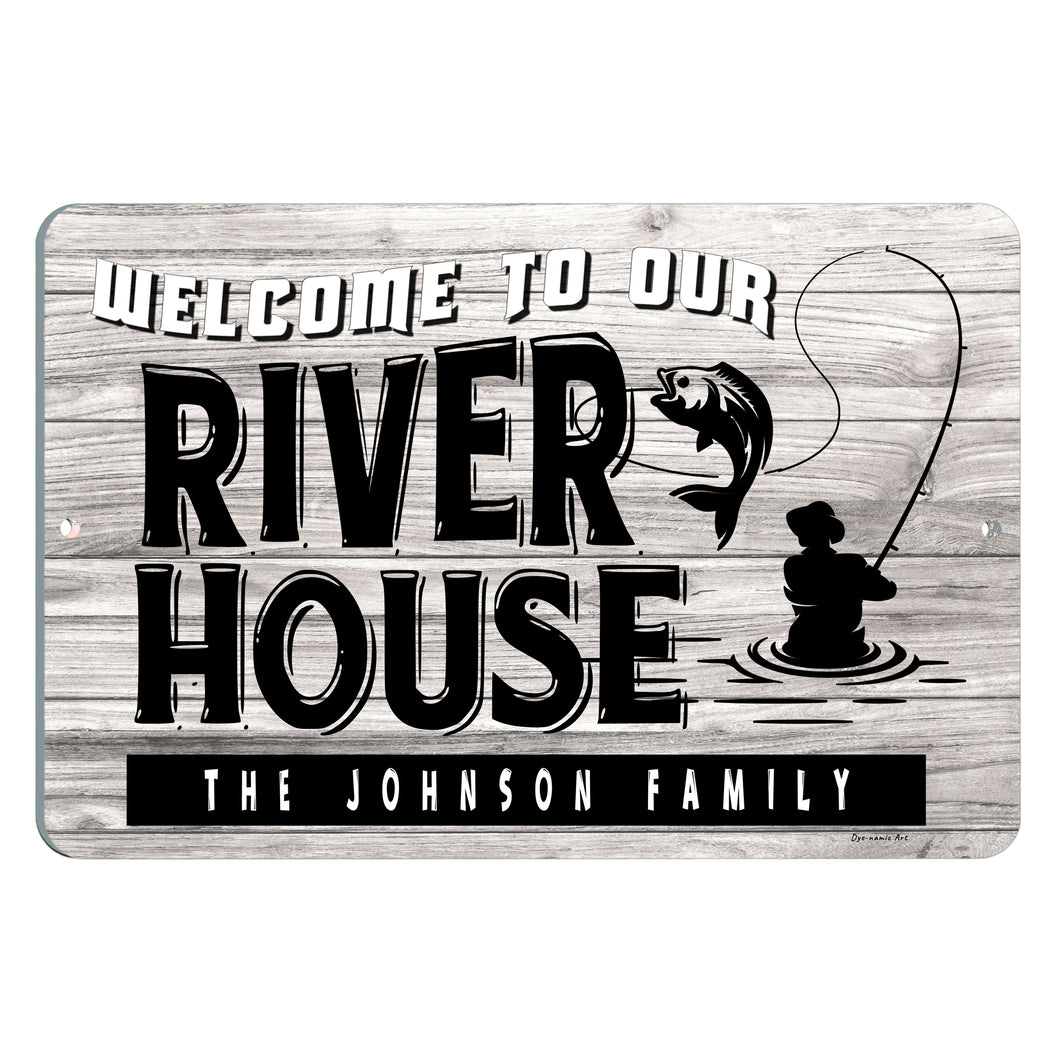 Dyenamic Art - Personalized River House Welcome Metal Sign - Custom Name Fishing Art