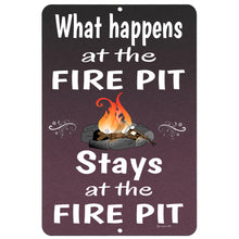 Load image into Gallery viewer, Dyenamic Art - What Happens at The Fire Pit - Funny Campsite Metal Sign
