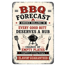 Load image into Gallery viewer, BBQ Forecast metal sign featuring funny grill master sayings and vintage barbecue artwork
