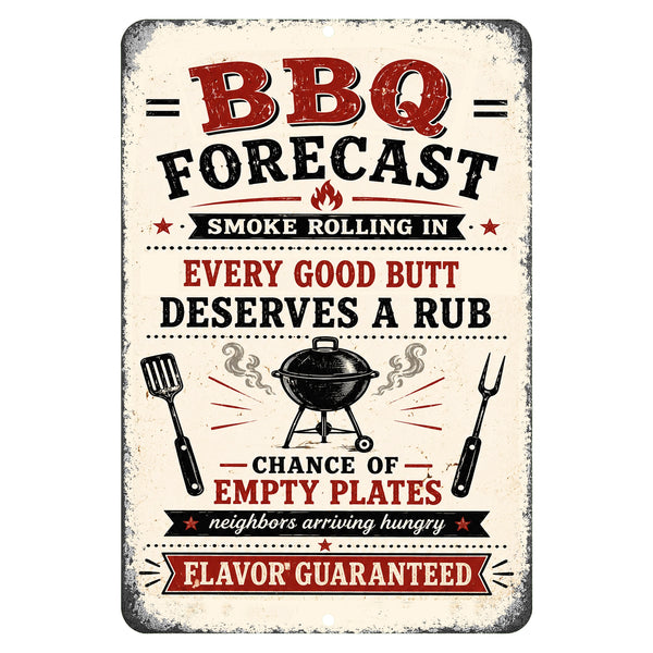 BBQ Forecast metal sign featuring funny grill master sayings and vintage barbecue artwork
