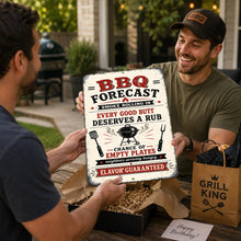 Load image into Gallery viewer, Man holding BBQ Forecast metal sign showing grill master design and sign size
