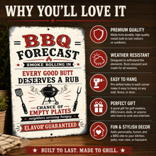 Load image into Gallery viewer, Features and benefits of BBQ Forecast aluminum sign for patios and outdoor kitchens
