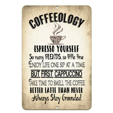 Load image into Gallery viewer, Coffeeology Metal Sign by Dyenamic Art featuring vintage coffee-inspired typography with humorous sayings. A fun wall decor piece for coffee lovers.
