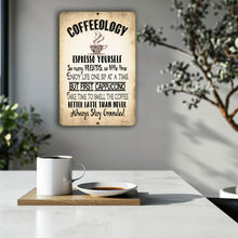 Load image into Gallery viewer, Coffeeology Metal Sign by Dyenamic Art featuring vintage coffee-inspired typography with humorous sayings. A fun wall decor piece for coffee lovers.
