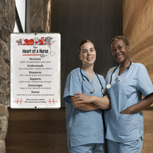 Load image into Gallery viewer, Dyenamic Art Heart of a Nurse Metal Sign with two smiling nurses, emphasizing its perfect gift appeal for nursing professionals.
