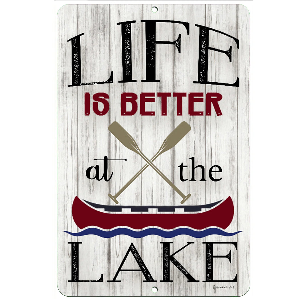 Dyenamic Art Life Is Better at the Lake Metal Sign – Rustic lake house decor featuring crossed oars, a red canoe, and distressed wood-style background for a classic waterfront look.