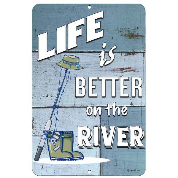 Dyenamic Art Life Is Better on the River Metal Fishing Sign – Rustic fishing-themed wall decor featuring a fisherman silhouette, rod and reel, and a distressed wood-style background.