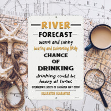 Load image into Gallery viewer, Detailed close-up of the River Forecast Metal Sign, showcasing playful weather icons, bold lettering, and a rustic background for a fun and eye-catching river-themed sign.
