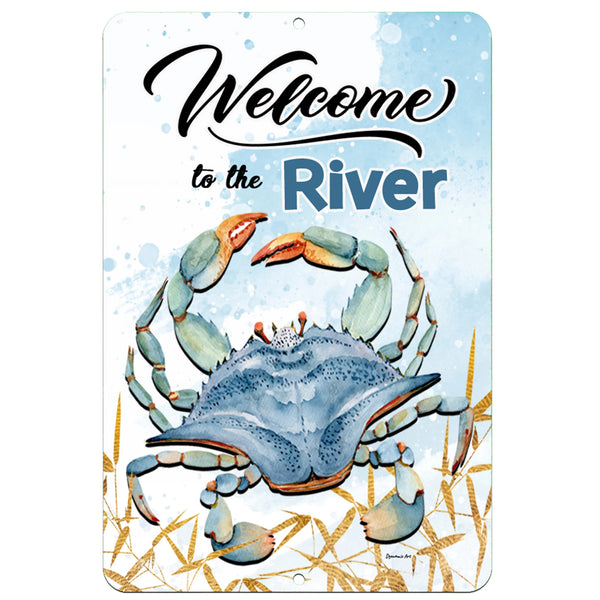 Dyenamic Art Welcome to the River Metal Sign – Nautical-themed decor featuring a watercolor-style blue crab, rustic coastal background, and elegant script lettering.