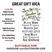 Load image into Gallery viewer, Garden Rules Nurture Love Metal Sign with text overlay detailing durable metal, pre-drilled holes, and vibrant print.
