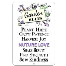Load image into Gallery viewer, Dyenamic Art Garden Rules Nurture Love Metal Sign – Inspirational gardening decor with illustrated tools and a rustic background.
