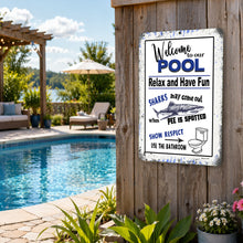 Load image into Gallery viewer, funny pool rules sign with shark warning mounted on wooden fence by backyard swimming pool
