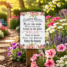Load image into Gallery viewer, Garden Rules sign in a garden with flowers and a pathway

