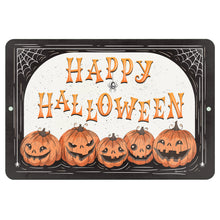 Load image into Gallery viewer, Happy Halloween Metal Sign - Pumpkin Decor - black, orange and white background with cobwebs designed by Dyenamic Art Inc
