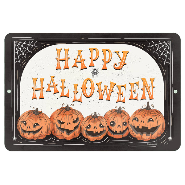 Dyenamic Art Happy Halloween Metal Sign – Spooky and fun Halloween décor featuring six playful jack-o'-lantern pumpkins, cobweb details, and a vintage-inspired "Happy Halloween" text.