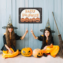 Load image into Gallery viewer, Happy Halloween Metal Sign - Pumpkin Decor - black, orange and white background with cobwebs designed by Dyenamic Art Inc
