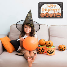 Load image into Gallery viewer, Happy Halloween Metal Sign - Pumpkin Decor - black, orange and white background with cobwebs designed by Dyenamic Art Inc
