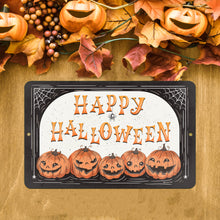 Load image into Gallery viewer, Happy Halloween Metal Sign - Pumpkin Decor - black, orange and white background with cobwebs designed by Dyenamic Art Inc
