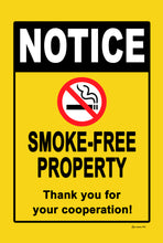 Load image into Gallery viewer, Smoke-Free Property Sign by Dyenamic Art with vertical format, yellow background, and no smoking symbol.
