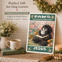 Load image into Gallery viewer, Decorative sign with a dog reading a book and sipping coffee, surrounded by a mug, flowers, and books on a wooden surface.
