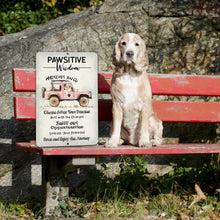 Load image into Gallery viewer, Pawsitive Wisdom Metal Sign by Dyenamic Art featuring a pink Jeep, an adventurous dog, and motivational sayings for dog lovers and free spirits.
