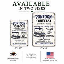 Load image into Gallery viewer, Two sizes of 'Pontoon Forecast' signs with text and pontoon boat graphics on a white background.
