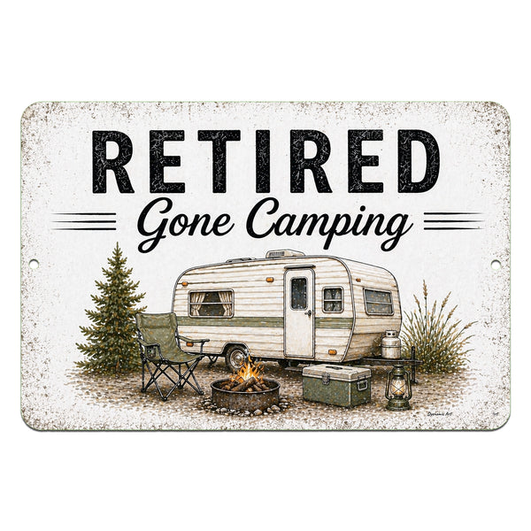 Retired Gone Camping metal sign with rustic camper artwork and vintage outdoor camping decor styling