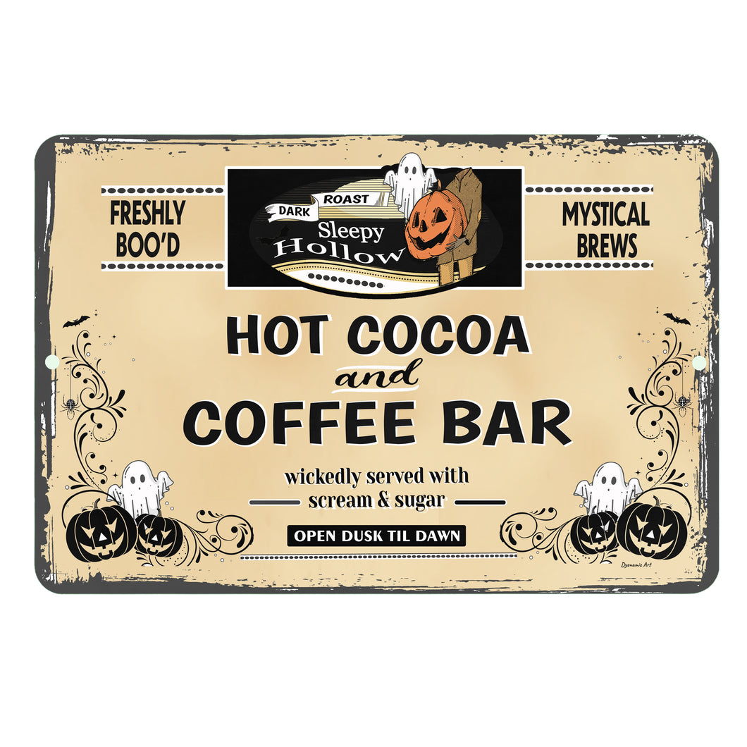 Coffee Bar and Hot Cocoa Halloween Sign - Custom Metal Wall Art - beige background with black grunge graphic frame - pumpkins and ghost - by Dyenamic Art Inc