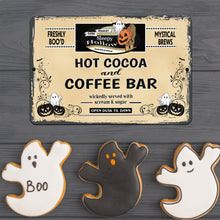 Load image into Gallery viewer, Coffee Bar and Hot Cocoa Halloween Sign - Custom Metal Wall Art - beige background with black grunge graphic frame - pumpkins and ghost - by Dyenamic Art Inc
