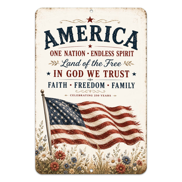 America patriotic aluminum sign with vintage American flag artwork and rustic farmhouse Americana styling