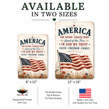 Load image into Gallery viewer, America patriotic aluminum sign available in 8x12 and 12x18 sizes for farmhouse wall decor offered by Dyenamic Art
