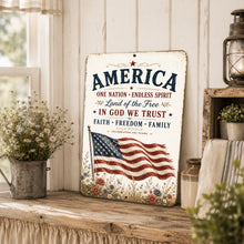 Load image into Gallery viewer, Rustic America patriotic sign displayed on farmhouse shelf with Americana home decor accents
